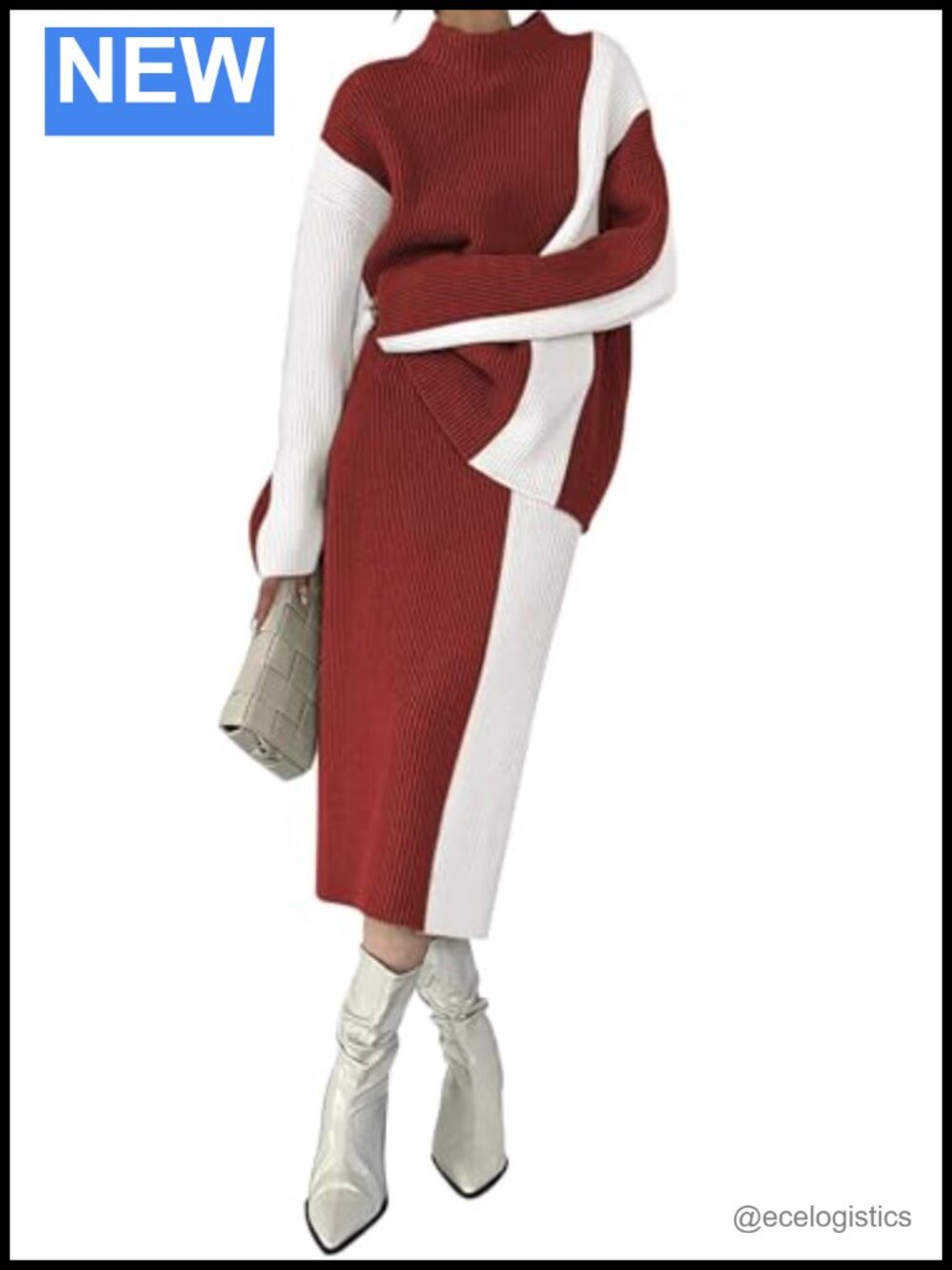 2 Piece Sweater Skirt Set Long Sleeve Oversized Top High Waist Bodycon Midi